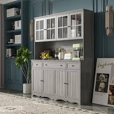 Fufu Gaga Gray Painted Wooden 61 2 In W Buffet And Hutch Kitchen Cabinet With Drawers And Adjustable Shelves Glass Doors