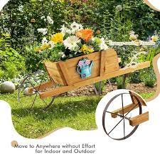 Wooden Wagon Planter With 9 Magnetic Accessories For Garden Yard Walnut丨costway