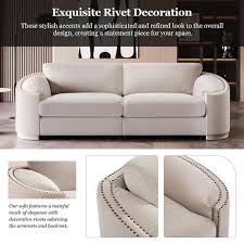Stylish 92 In Wide Nailhead Trim Design Semilunar Round Arm Modern Polyester Curved Sofa In Beige