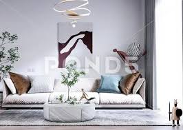A Living Room With A White Sofa And A