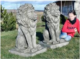 Pair Large Proud Lions Heavy Stone Cast