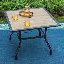 Phi Villa Black Square Metal Patio Outdoor Dining Table With 1 57 Umbrella Hole And Wood Look Tabletop