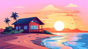 Cottage House Beach With Sunset Cartoon