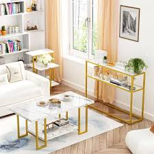 Modern 3 Piece White Rectangle Faux Marble Top Coffee Table Set Included Console Table Coffee Table And End Table