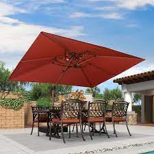 9 Ft X 12 Ft High Quality Wood Pattern Aluminum Cantilever Polyester Patio Umbrella With Wheels Base Brick Red
