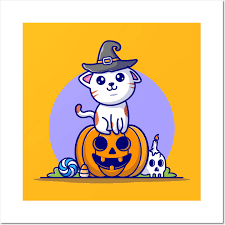 Cute Witch Cat Sitting Pumpkin