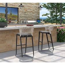 Modern Aluminum Low Back Rattan Bar Height Outdoor Bar Stool With Backrest And Dark Gray Cushion 2 Pack