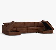 Modular Square Arm Leather 6 Piece Modular U Shaped Sectional With Usb Down Blend Wrapped Cushions Statesville Molasses Pottery Barn