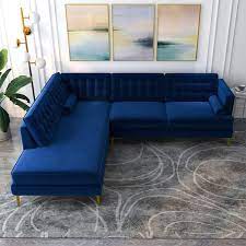 Clarissa 102 In W Square Arm 2 Piece L Shaped Velvet Modern Left Facing Corner Sectional Sofa In Navy Blue Seats 4
