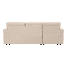 78 In W Beige Reversible Velvet Sleeper Sectional Sofa Storage Chaise Pull Out Convertible Sofa In Beige