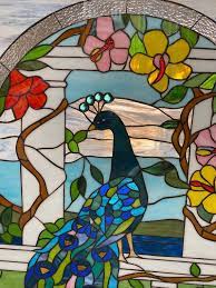 Stained Glass Peacock Art With Flowers