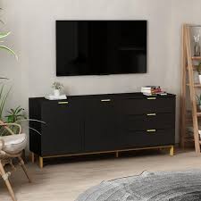 62 9 In Wood Black Tv Stand Entertainment Center With Storage Cabinet