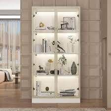 Fufu Gaga White Wood 31 5 In W Display Cabinet With Tempered Glass Doors And 3 Color Led Lights