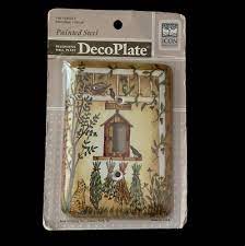 Vintage Pair 2 Decorative Painted Steel Wall Plates Design Birds Cat Greenery