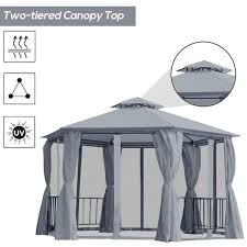 Outsunny 7 X 7 2 Level Hexagon Outdoor Patio Gazebo Canopy Pavilion With Removable Mesh Curtains Double Tiered Roof Grey