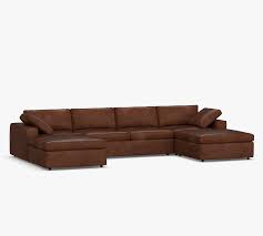 Dream Square Arm Leather 5 Piece Modular U Shaped Sectional With Ottoman Memory Foam Cushions Aviator Umber Pottery Barn