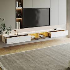 110 24 In White Wall Mounted Marble Floating Tv Stand Fits Tv S Up To 100 In With Motion Sensor Led Light And Drawer