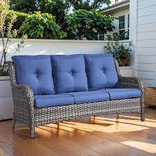 3 Seat Wicker Outdoor Patio Sofa Couch With Deep Seating And Cushions Suitable For Porch Deck Balcony Gray Blue