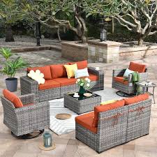 Tahoe Grey 9 Piece Wicker Outdoor Patio Conversation Sofa Set With Swivel Rocking Chairs And Orange Red Cushions