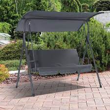 3 Person Metal Patio Swing With Stand Removable Cushion And Convertible Canopy In Gray