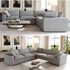 120 In Free Combination Large 5 Seat L Shape Corner Modular Linen Flannel Upholstered Sectional Sofa With Ottoman Gray