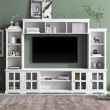 Harper Bright Designs White Minimalism Style Tv Stand Fits Tv S Up To 70 In With 3 Tier Shelves And Tempered Glass Door