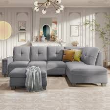 108 1 In W Square Arm Linen 4 Piece U Shaped 5 Seater Reversible Sectional Sofa With Storage Ottoman In Gray