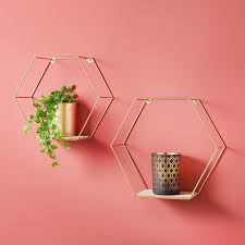 Set Of 2 Gold Wire Metal Hexagonal