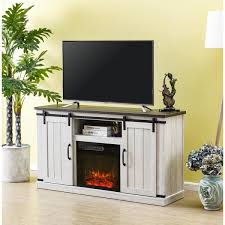 Festivo 54 In Saw Cut Off White Tv Stand For Tvs Up To 60 In With Electric Fireplace