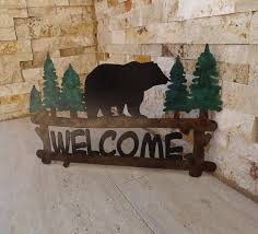 Bear Welcome Sign Metal Art Cabin