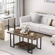 Modern 39 In Brown Rectangle Faux Marble Coffee Table With Steel Frame