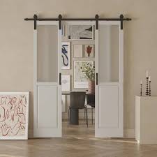 Ark Design 42 In X 84 In Half Lite Tempered Frosted Glass White Prefinished Mdf Double Sliding Barn Door Slab With Hardware Kit