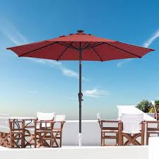 9 Ft Steel Market Patio Umbrella In Red With Led Lights Tilt And Crank
