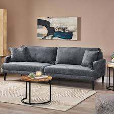 Noble House Nikodem Contemporary 3 Seater Fabric Sofa With Accent Pillows Charcoal Black Gray