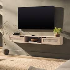 Welwick Designs 58 In Coastal Oak Wood Modern Floating Tv Stand With 2 Faux Rattan Doors Fits Tvs Up To 65 In