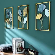 Gold Blue Iron Wall Sculptures Large Set Of 3 Rectanglar Metal Wall Decor With Ginkgo Biloba Art Great