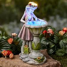 Solar Girl Bird Bath With Led Lights