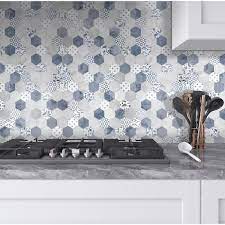 Sunwings Hexagon 12 5 In X 12 2 In L And Stick Backsplash Stone Composite Wall Tile Cement Blue 10 Tiles 9 00 Sq Ft