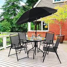 Angeles Home 6 Pieces Metal Outdoor Dining Set Folding Sling Chairs Tilt Umbrella Tempered Glass Dining Table Black And Grey