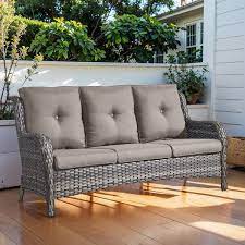 3 Seat Wicker Outdoor Patio Sofa Couch With Deep Seating And Cushions Suitable For Porch Deck Balcony Gray Gray