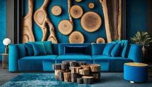 Vivid Blue Velvet Sofa And Stump Coffee