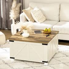 Homcom Farmhouse Coffee Table With Storage Large Square Coffee Table White