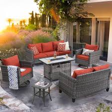 Mirage 6 Piece Wicker Patio Rectangular Fire Pit Set And With Orange Red Cushions And Swivel Rocking Chairs