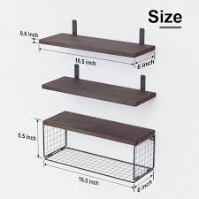 16 5 In W X 6 In D Rustic Brown Wood Floating Bathroom Shelves Wall Mounted With Wire Basket Decorative Wall Shelf