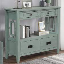 Retro Style Green Solid Wood 36 In Sideboard Console Table Sofa Table Entryway Table With 4 Drawers And Storage Shelf