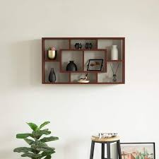 Basicwise Modern 8 Tier Bookcase Wall Mount And Freestanding Storage Shelves For Decoration Display Cherry