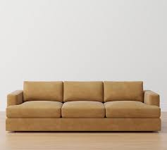 Carmel Recessed Square Arm Leather Sofa Down Blend Wrapped Cushions Nubuck Wheat Pottery Barn