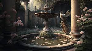 Pigeon Scene In Garden Fountain