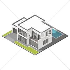 House With Flat Roof Sometric Icon Set