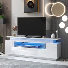 Harper Bright Designs Stylish 67 In White Tv Stand With Cabints Drawer And Shelf Fits Tv S Up To 75 In With Color Changing Led Lights